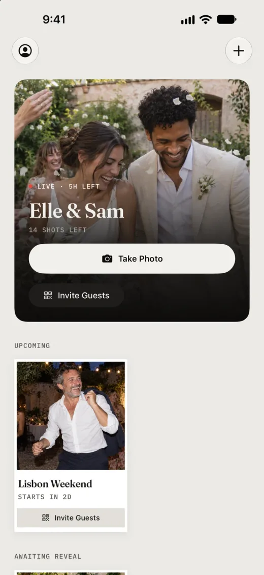 The Keeps home screen with the live Elle & Sam film, fourteen shots left, and Take Photo and Invite Guests buttons.