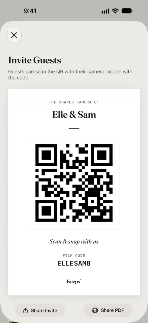 The Invite Guests sheet: a card with the film’s QR code and its film code underneath.