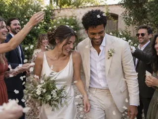 The couple walking out through a shower of petals.