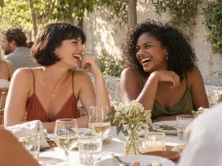 Two friends laughing at a long garden table.