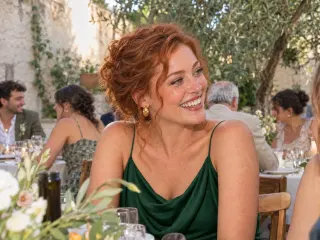 A red-haired guest in a forest-green dress smiling past the camera.
