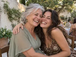 A mother and daughter hugging, both laughing.