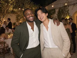 Two friends in suits with their arms around each other.