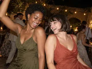 Two women dancing and laughing at night.