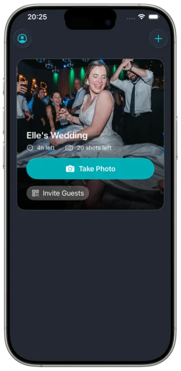 The Keeps film screen for a wedding, showing time and shots remaining above a Take Photo button.