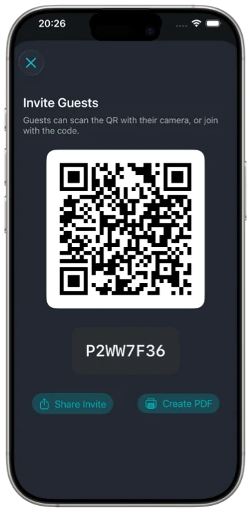 The Invite Guests screen showing a QR code and the join code beneath it.